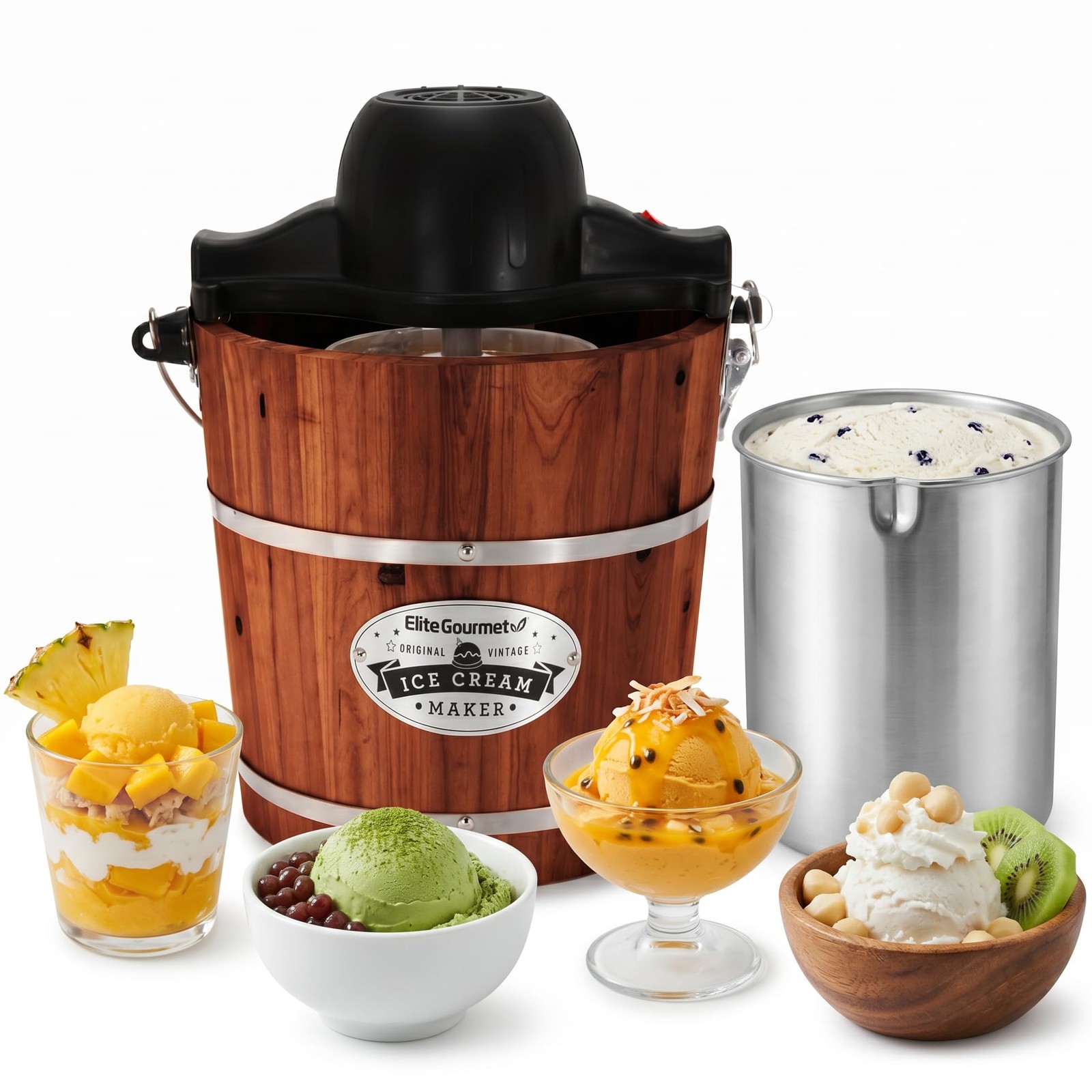 Elite Gourmet EIM418 Old Fashioned 4 Quart Vintage Walnut Wood Bucket, Electr…