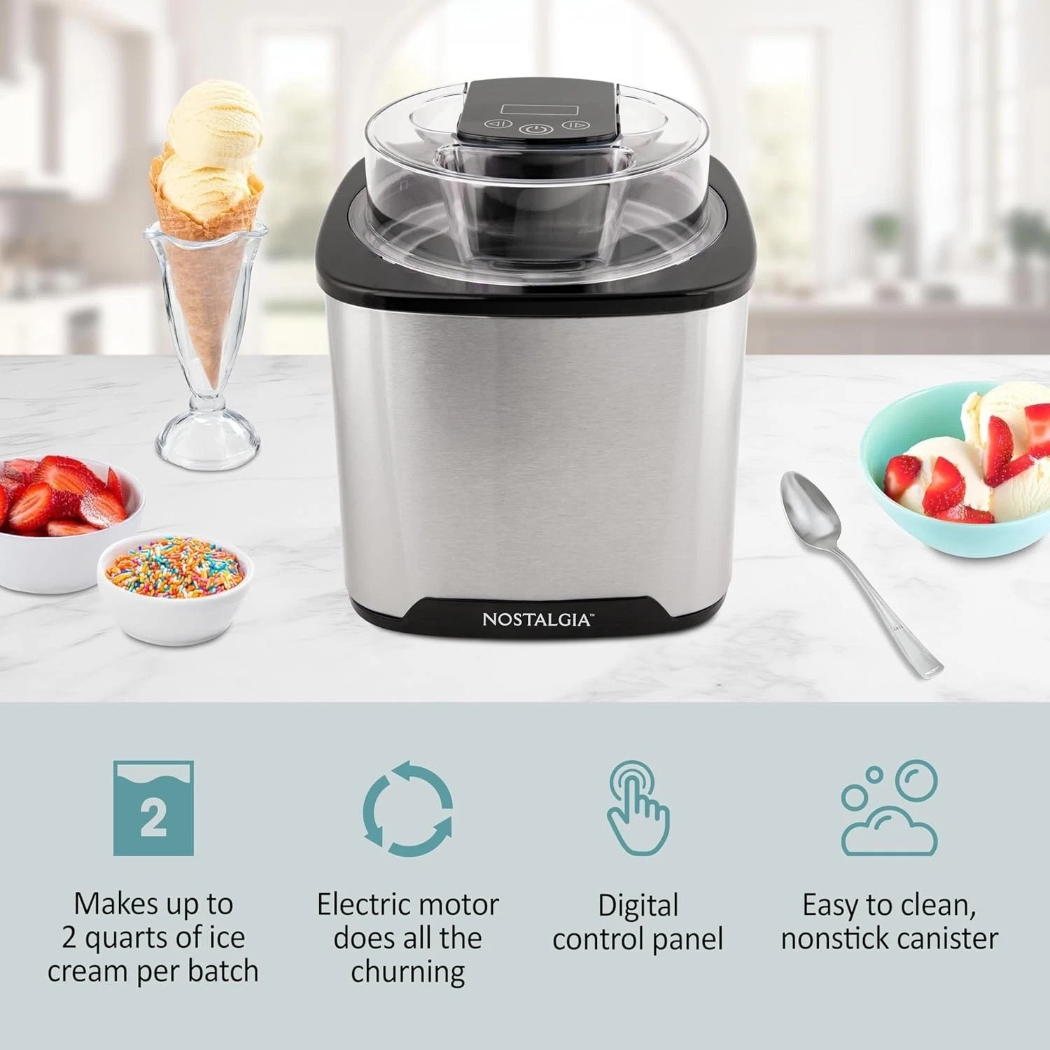 Create Homemade Ice Cream in 40 Mins – 2QT Stainless Steel Maker with Mix-Ins