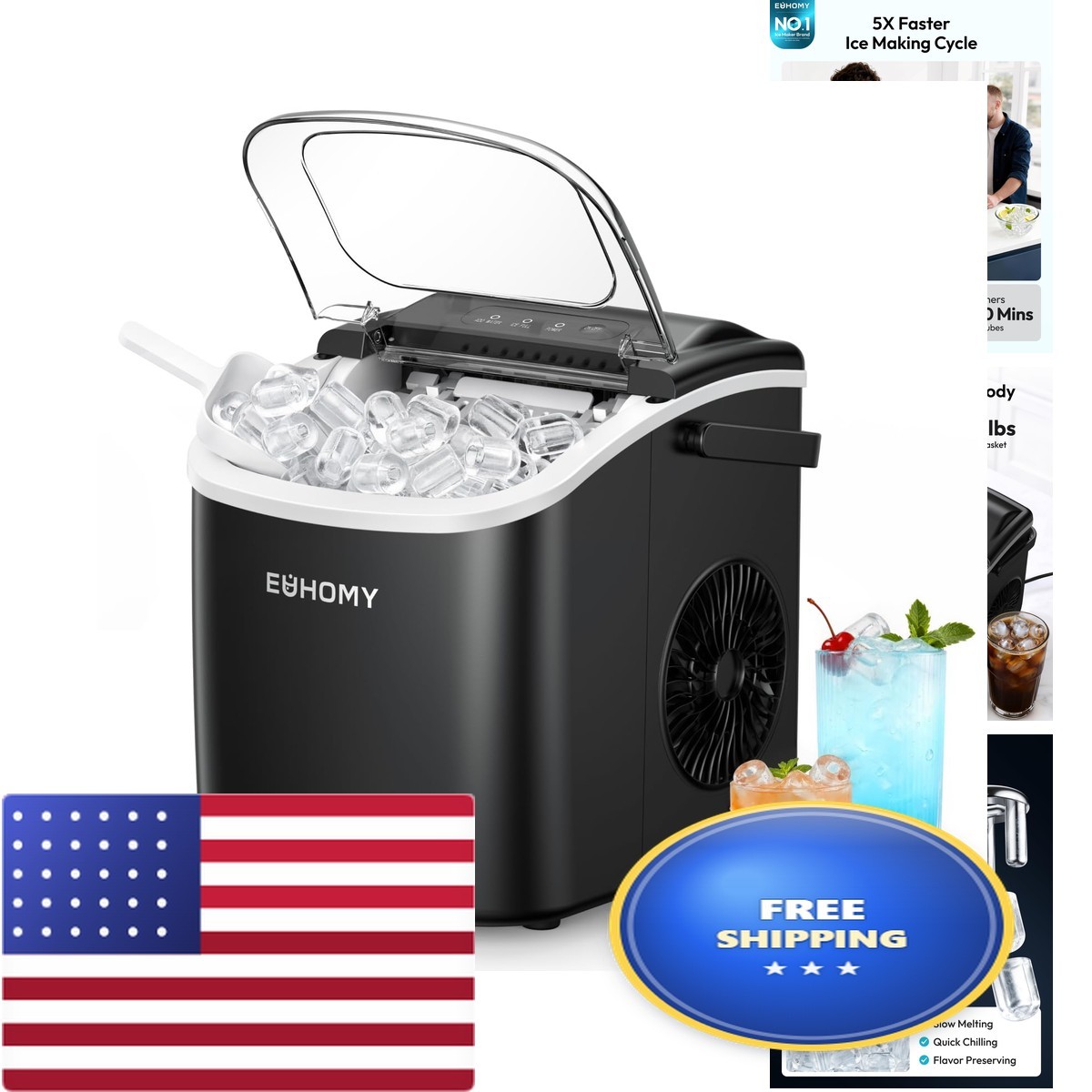 EUHOMY HZB-15A Countertop Ice Maker 26lbs/24hrs 9 Cubes in 6 Mins Auto-Cleaning