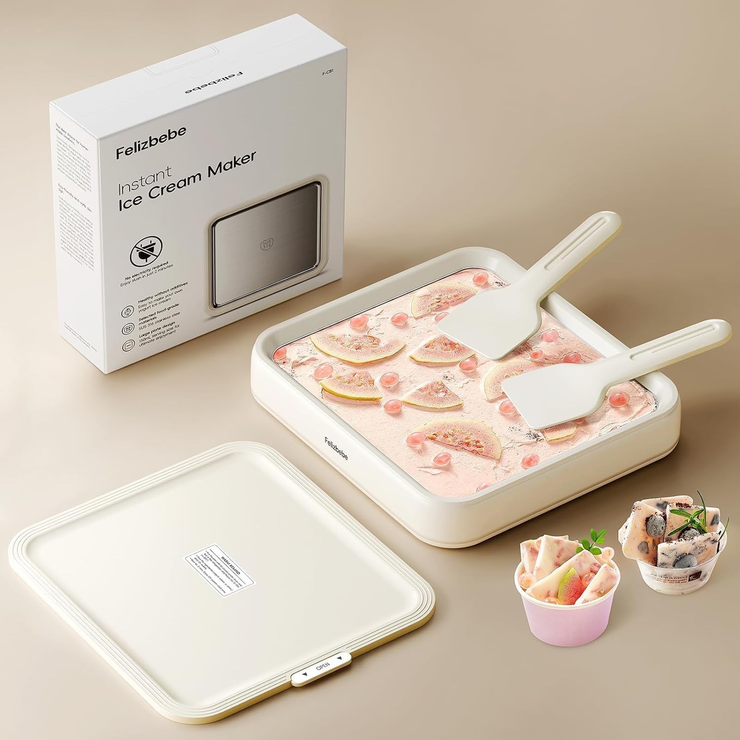 Rolled Ice Cream Maker, Instant Ice Cream Roller Maker Tray with Lid