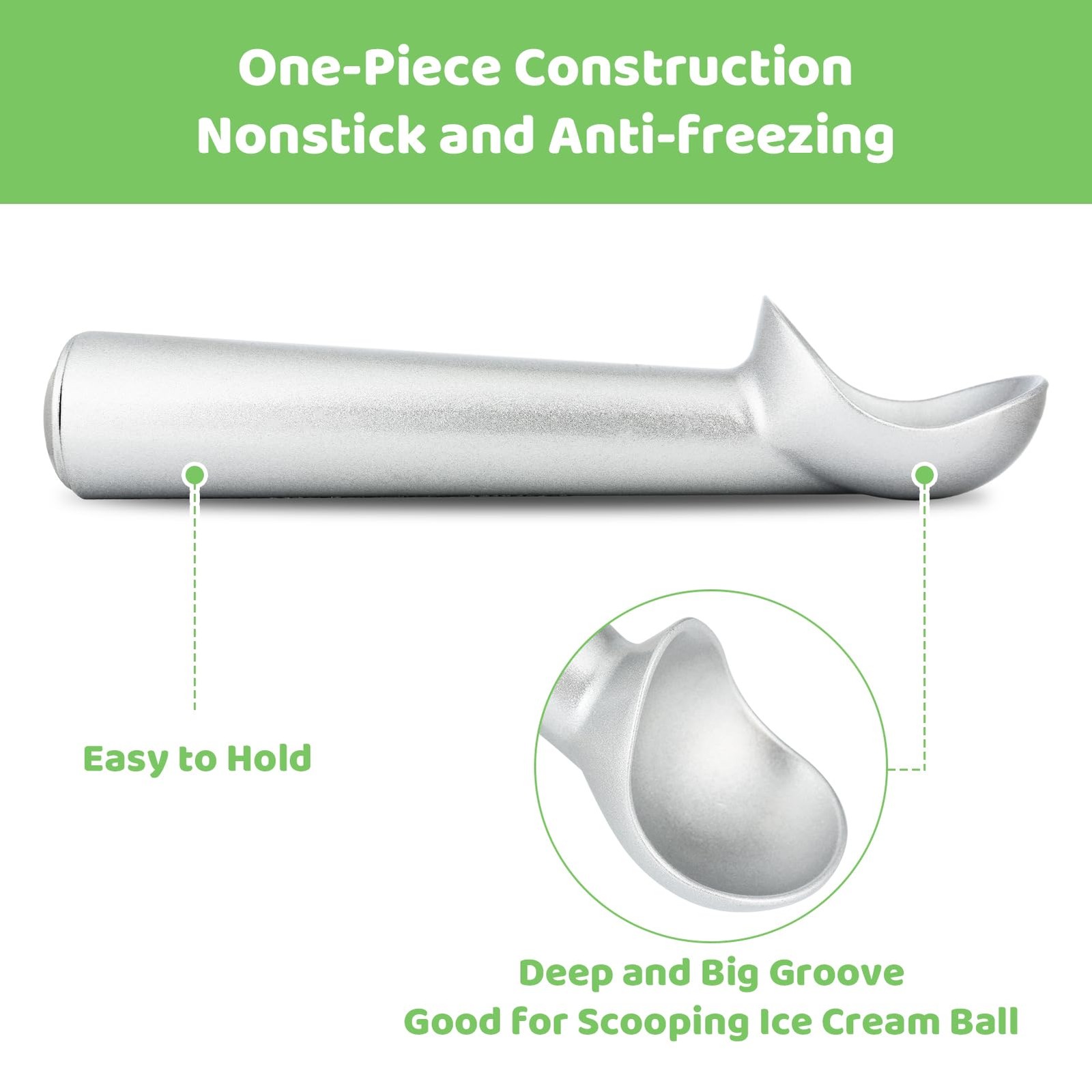 Ice Cream Scoop,7 inches Nonstick Anti-Freeze One Piece Aluminum 7*1, Silver