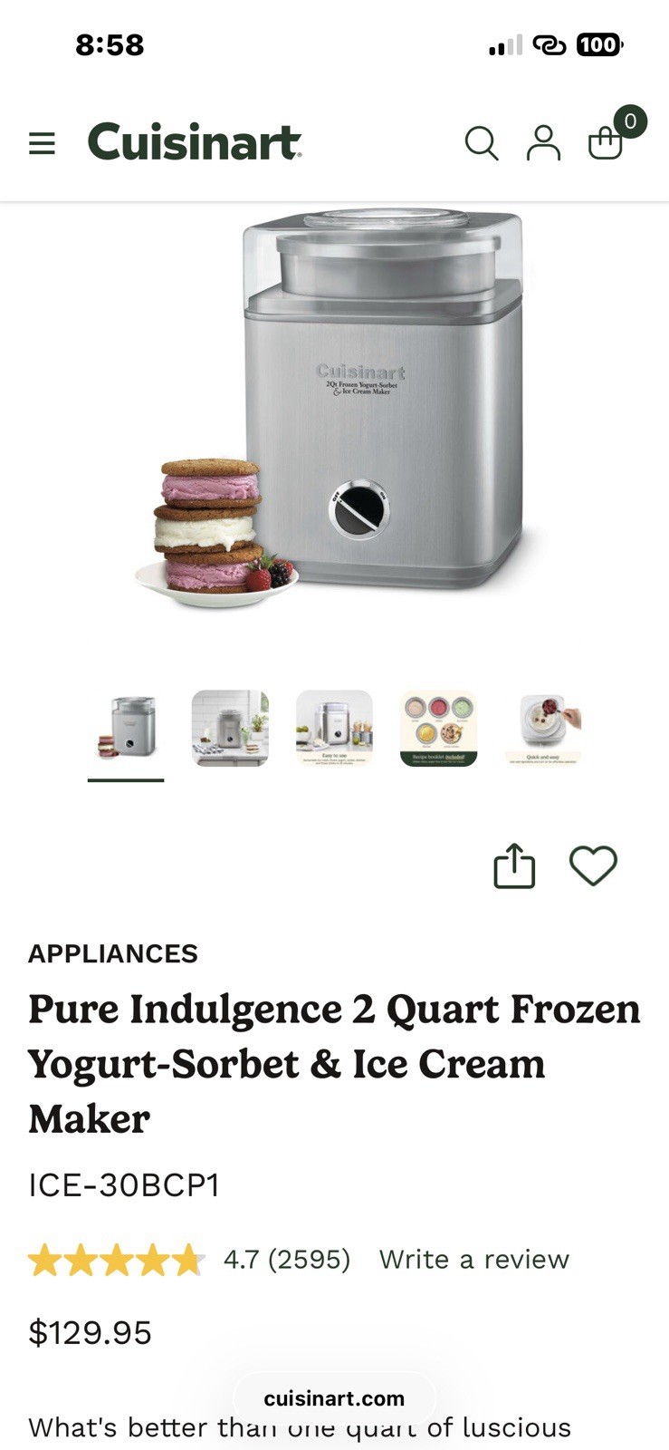 Cuisinart Ice Cream/Yogurt Maker Pure Indulgence 2 Quart Frozen Yogurt/Sorbet