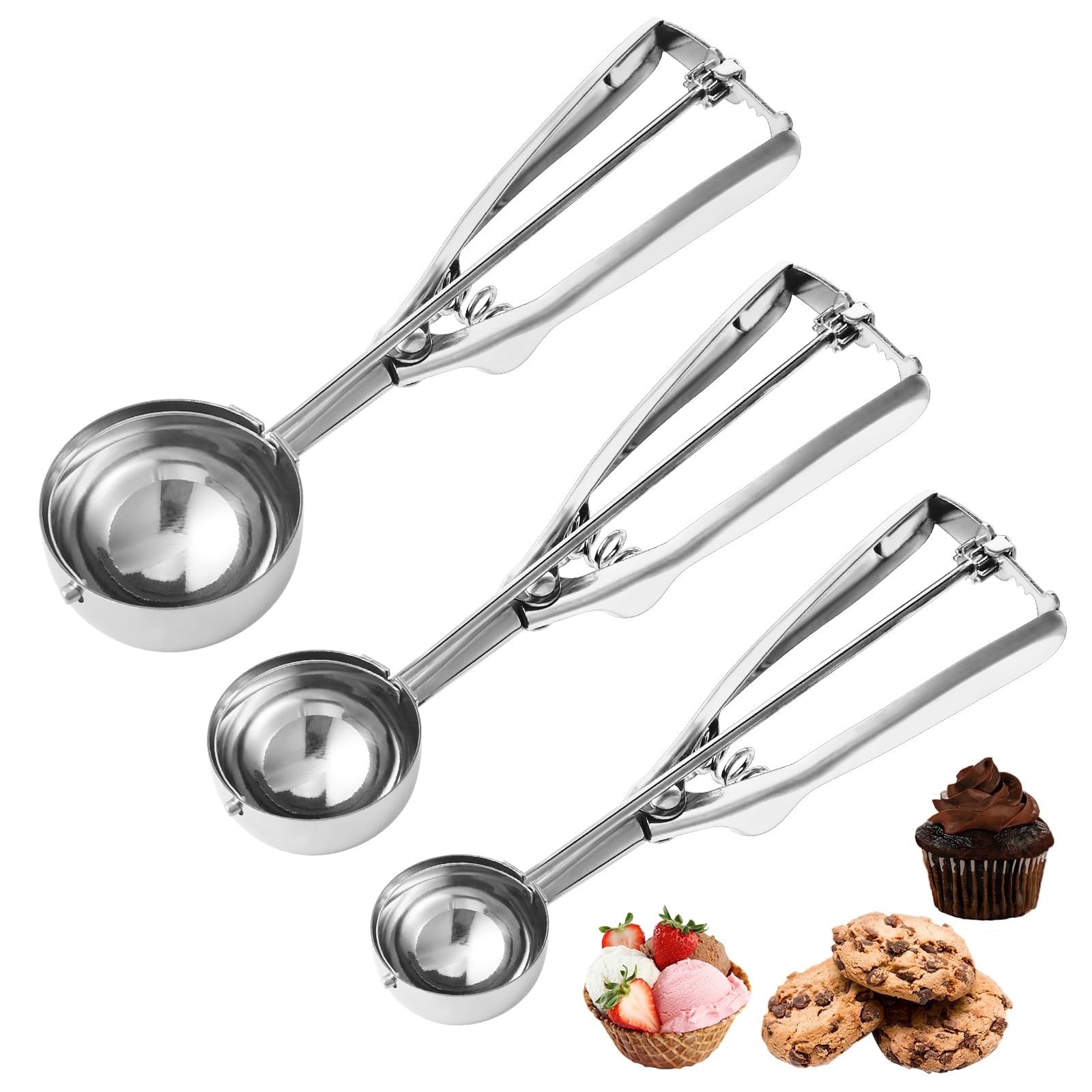 Cookie Scoop,Set of 3 Dough Scoops for Baking 1 Tbsp,2 L, Sliver