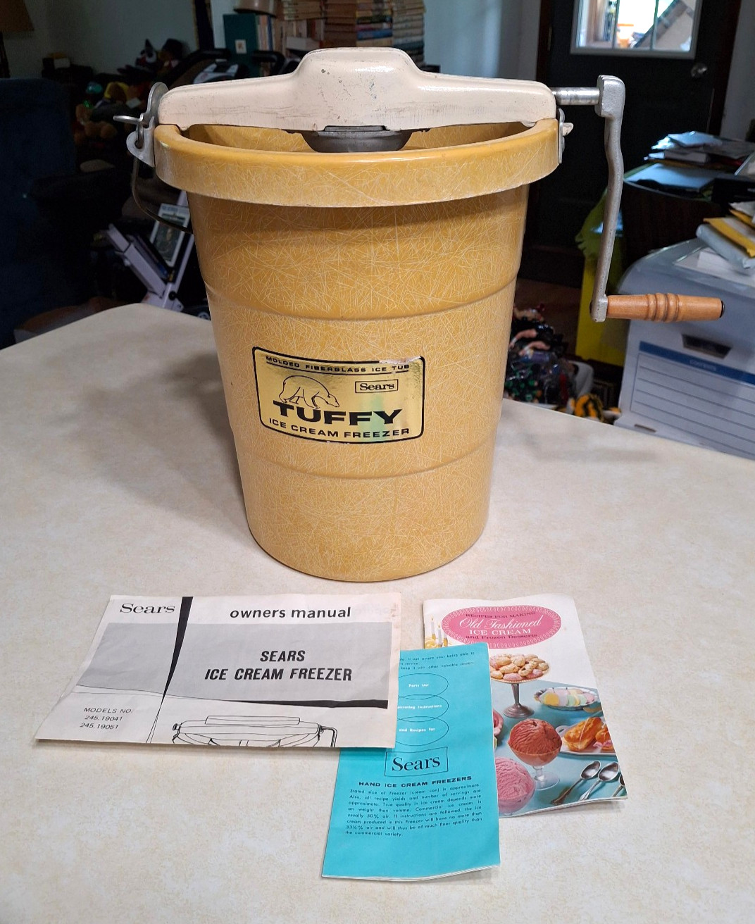 Vintage Sears Tuffy Manual Ice Cream Freezer Maker Hand Crank 4 Qt Yellow w Book