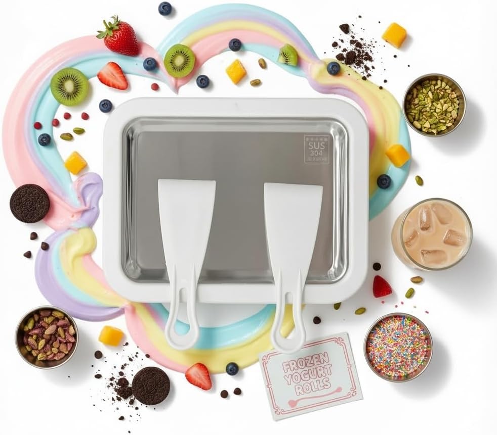 Rolled Ice Cream Maker, Stainless Steel Rolled Ice Cream Tray with 2 Scrapers