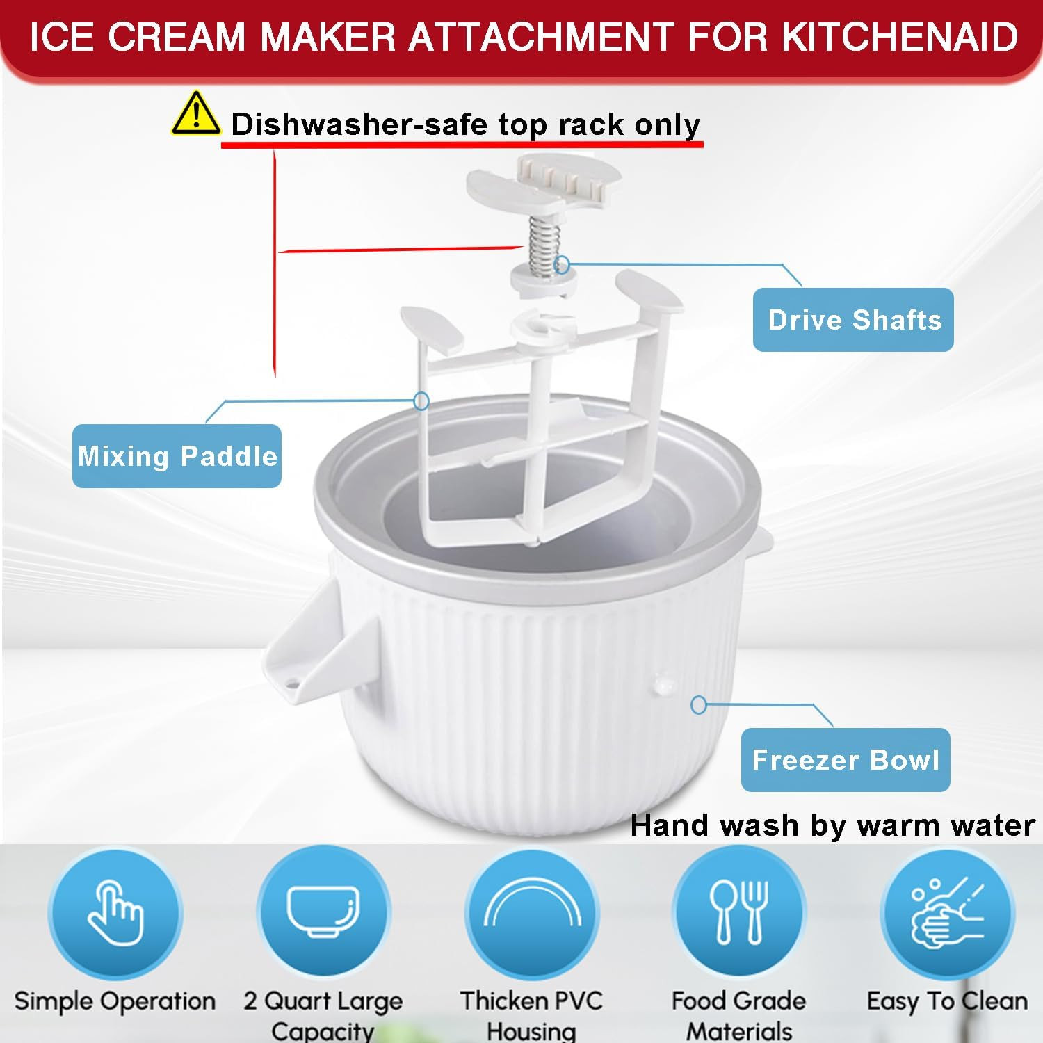 Ice Cream Maker Attachment for Kitchenaid Stand Mixer, Compatible with 4.5/5QT &