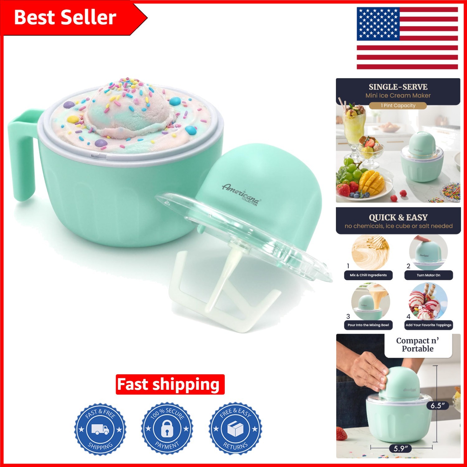 Americana Elite 1 Pint Automatic Ice Cream Maker – Quick Freeze & Easy Recipes
