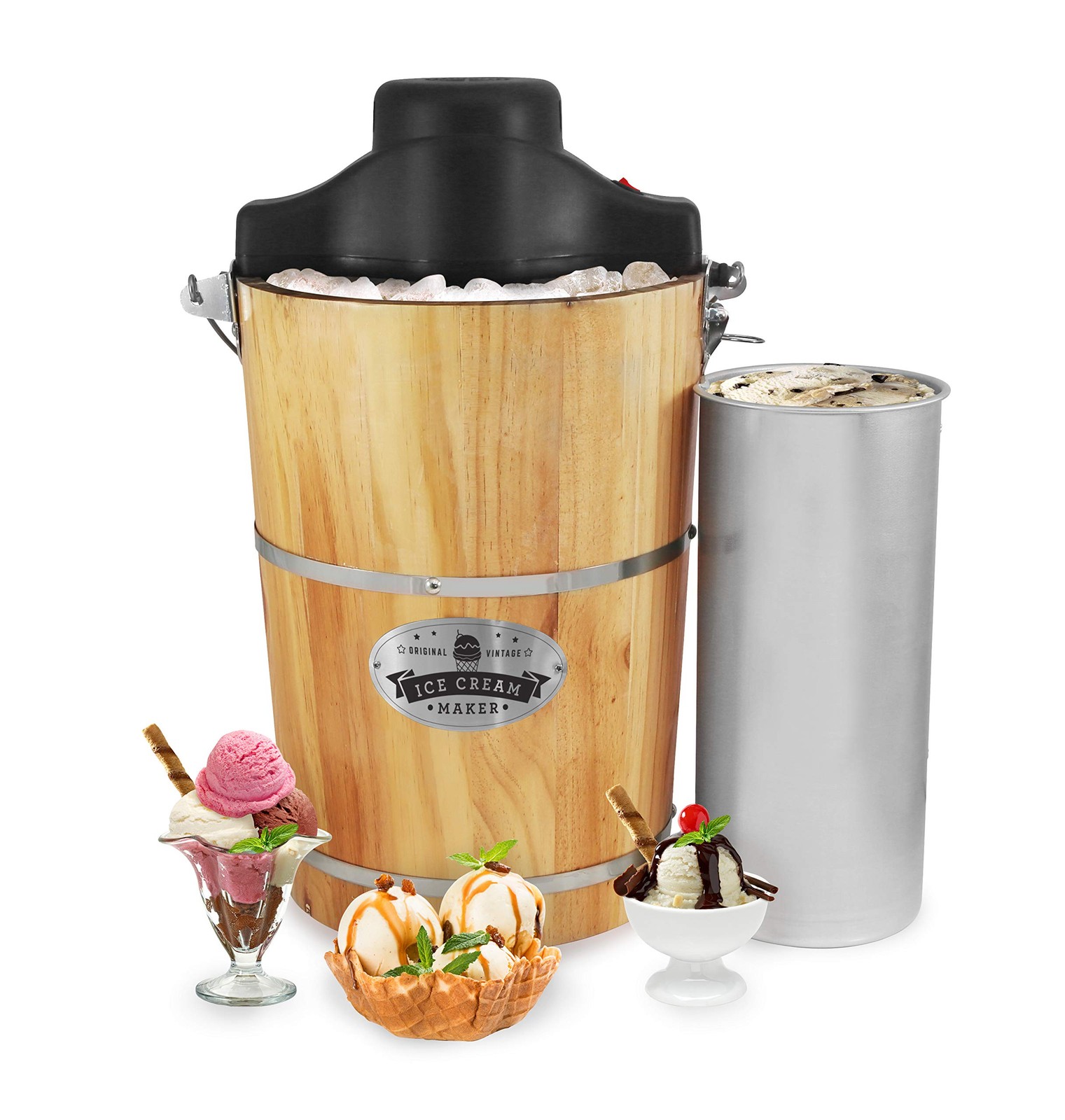 Elite Gourmet EIM916 6Qt Old Fashioned Wood Bucket Ice Cream Maker Electric