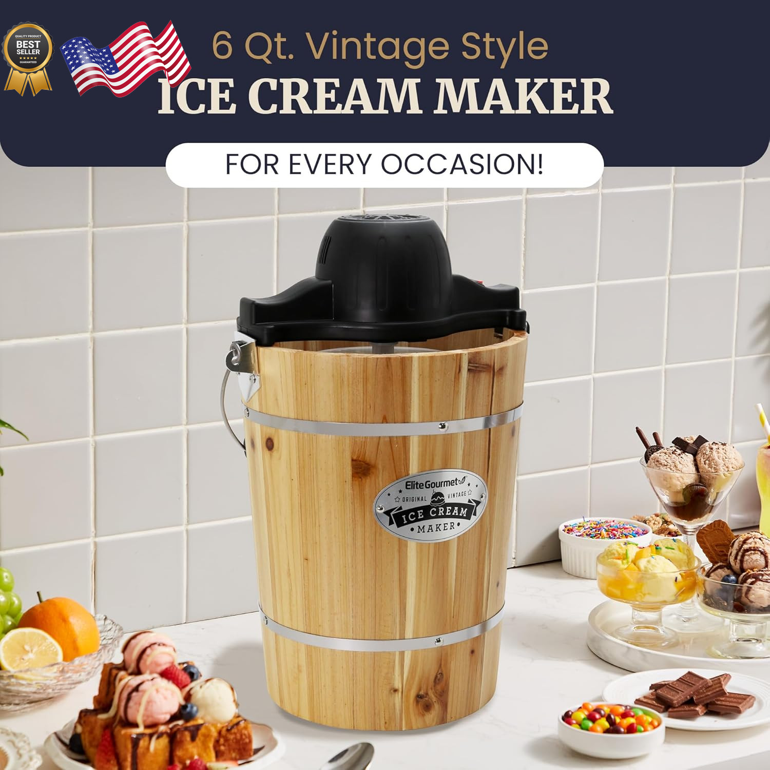 Old Fashioned 6 Quart Vintage Wood Bucket Electric Ice Cream Maker Machine