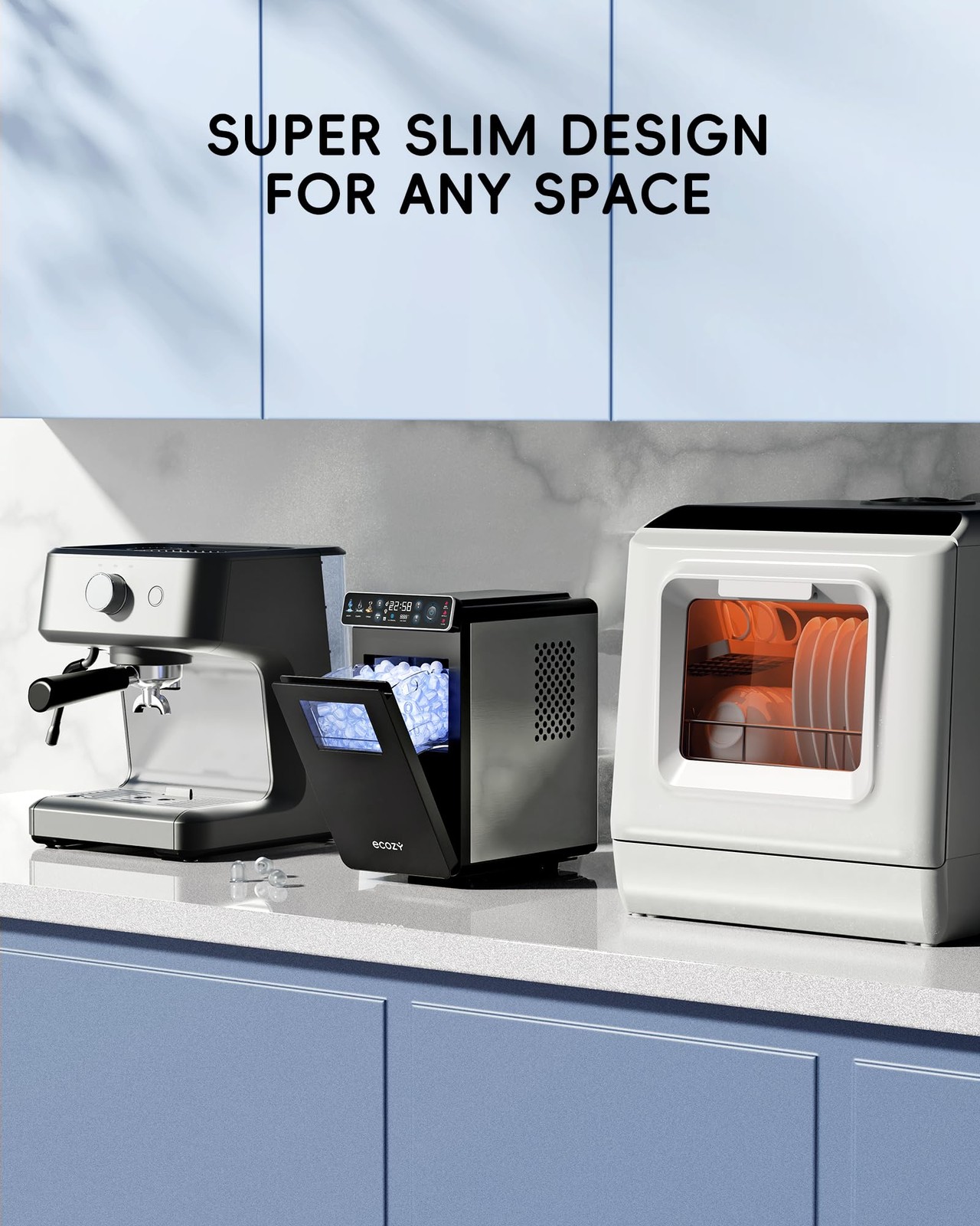 Ecozy Ice Makers Countertop Ultra Slim Design Full-Color Panel Internal Lights