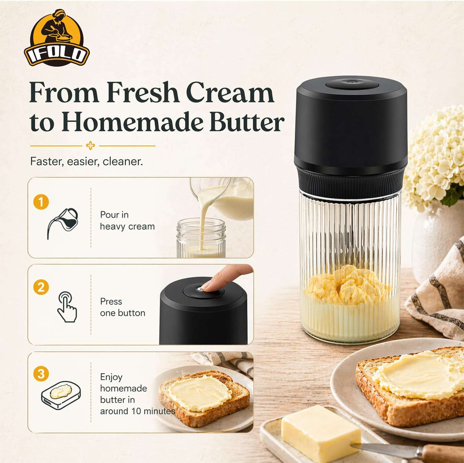 IFOLO Electric Butter Churn – One-Touch Butter Maker in 5–10 Mins, 34Oz Glass Ja