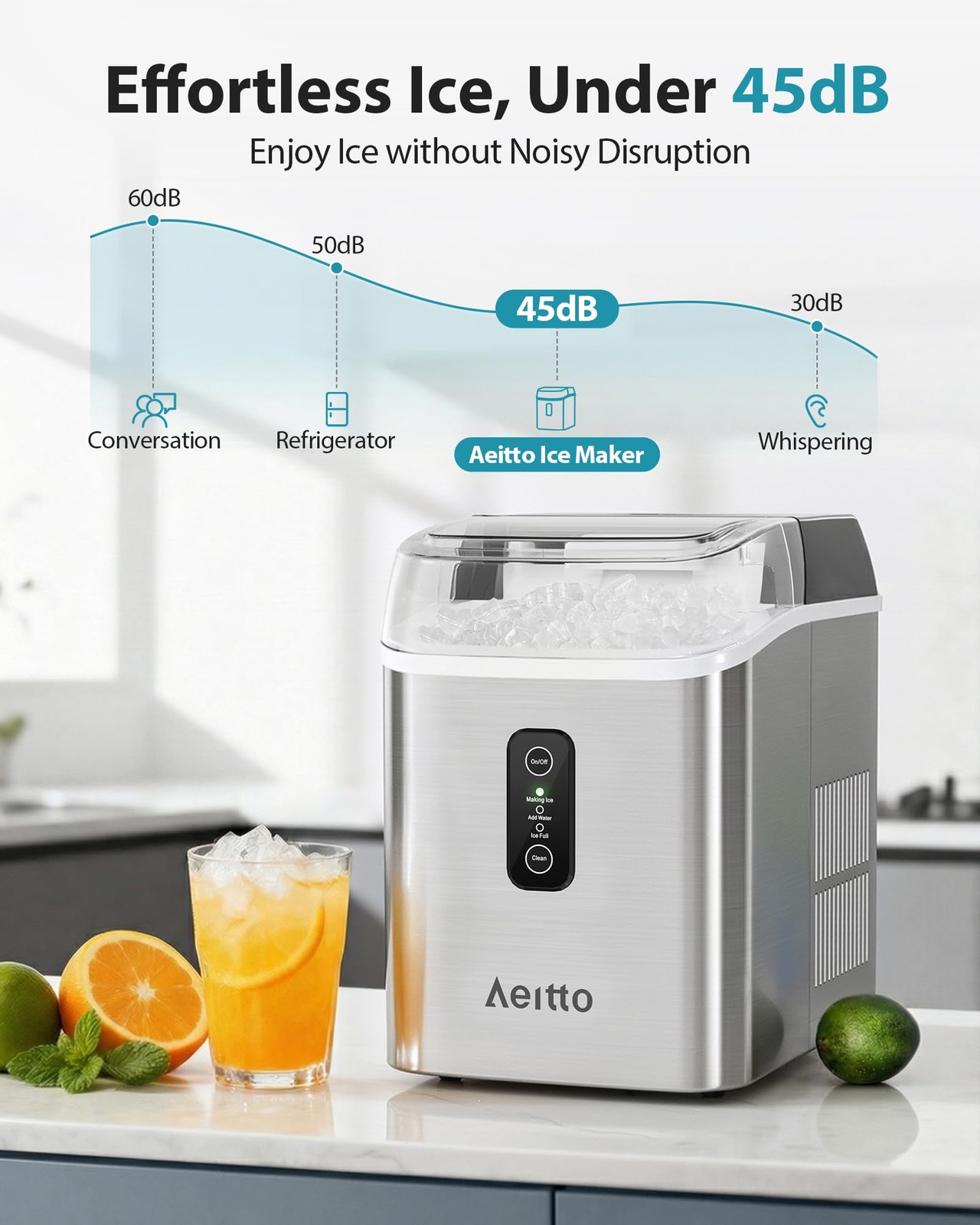 Aeitto Nugget Ice Maker Countertop 42Lbs/24H Ice Machine 1.5L Water Tank Rapid