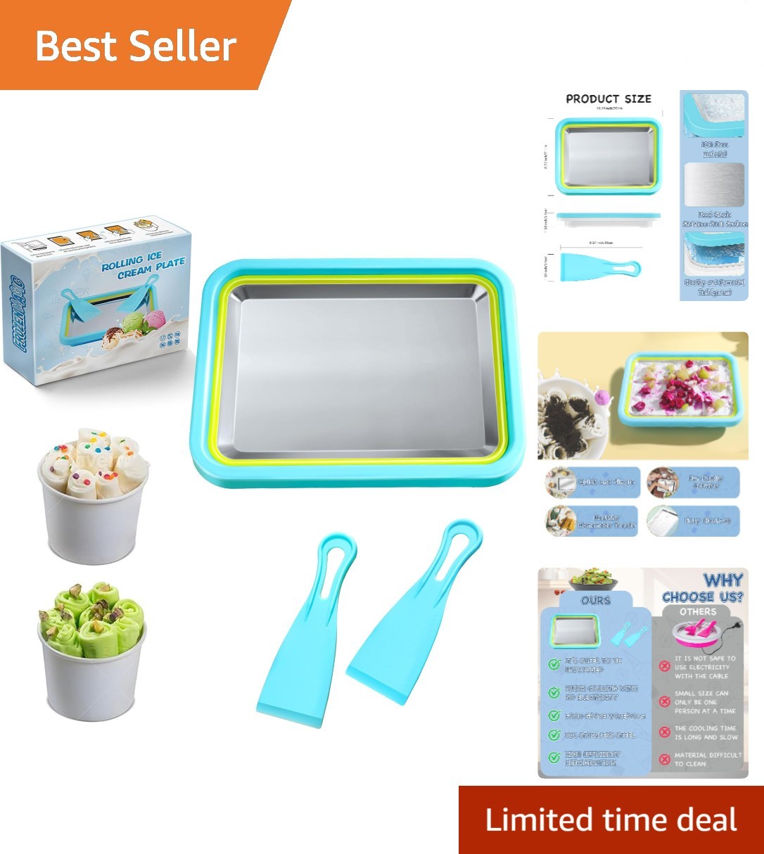 Stainless Steel At-Home Rolled Ice Cream Maker Kit with Scrapers and Tray