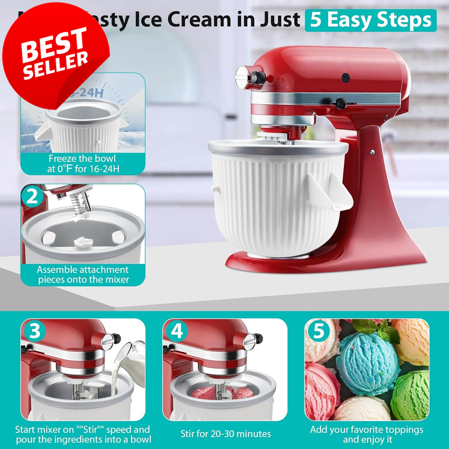Ice Cream Maker Attachment 2Qt White for Kitchenaid 4.5Qt+Mixer Sorbet Gelato US
