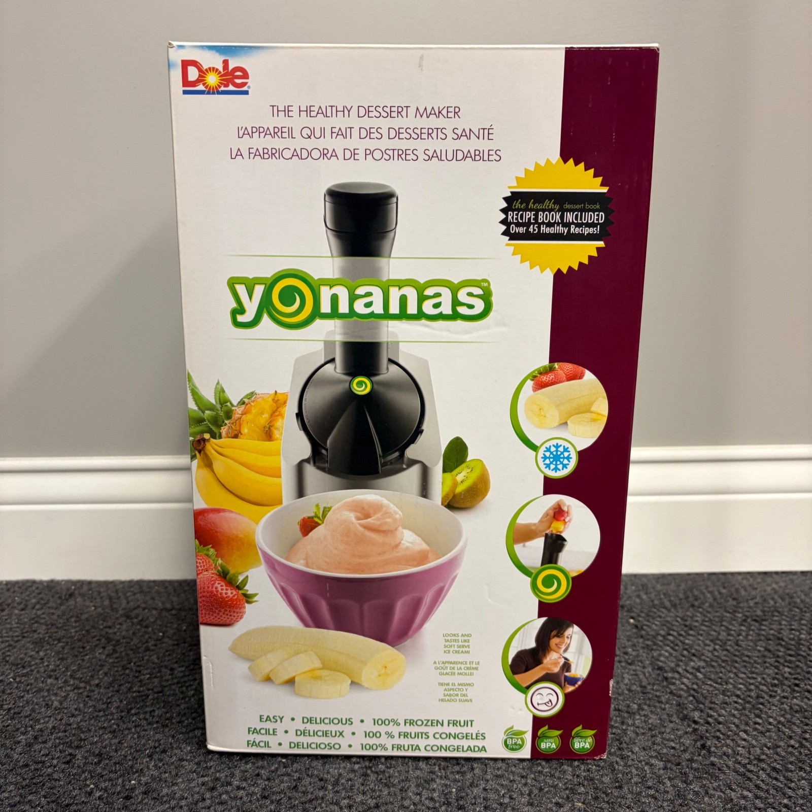 Dole Yonanas Frozen Fruit Soft Serve Dessert Maker Silver Black with Recipe Book