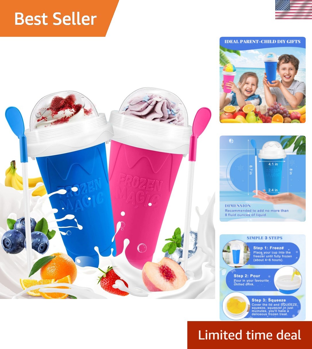 Slushie Cup, 2 Pack Slushy Maker Cup, Frozen Magic Squeeze Cups for Juice Mil…