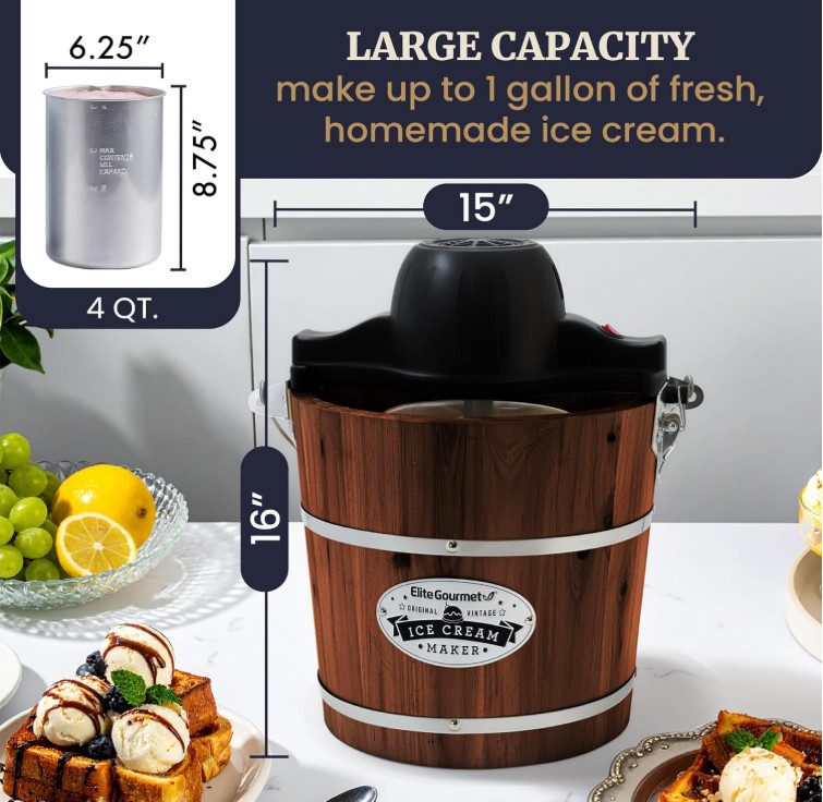 Heladera Eléctrica Vintage 4Qt Cubeta Madera Nogal Para Helado Casero