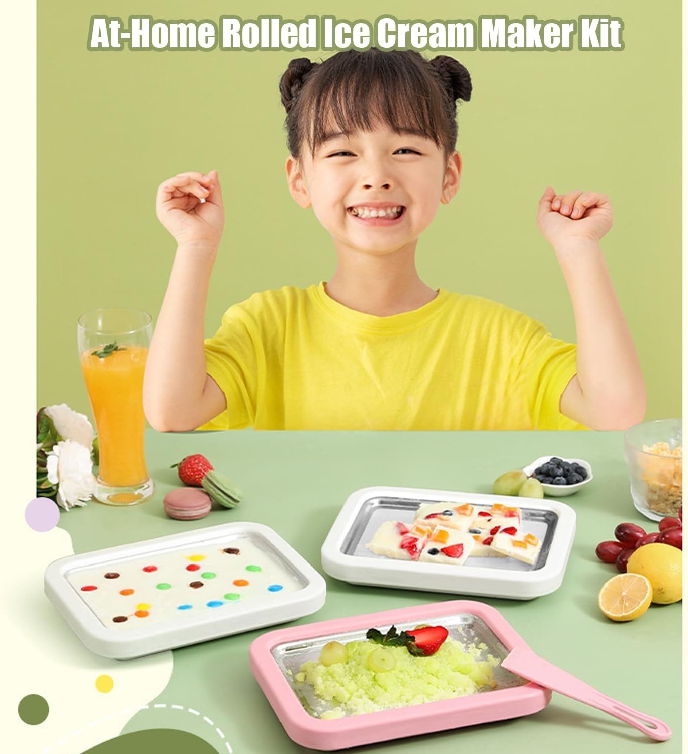 Stainless Steel At Home Rolled Ice Cream Maker Kit w/ 2 Scrapers and Tray Green