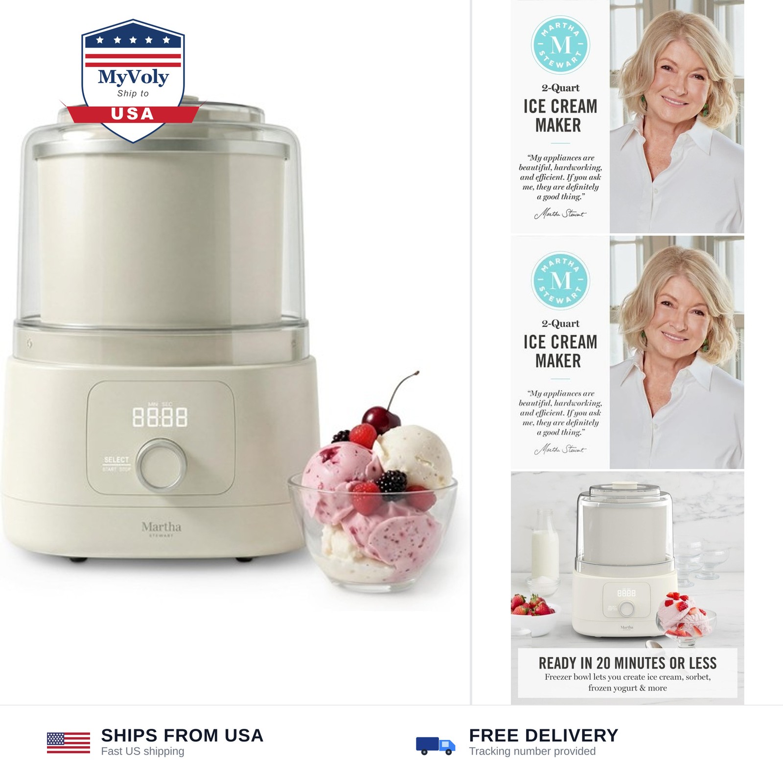 Martha Stewart Ice Cream Maker, 2 Quart Double-Insulated Freezer Bowl, Sorbet…