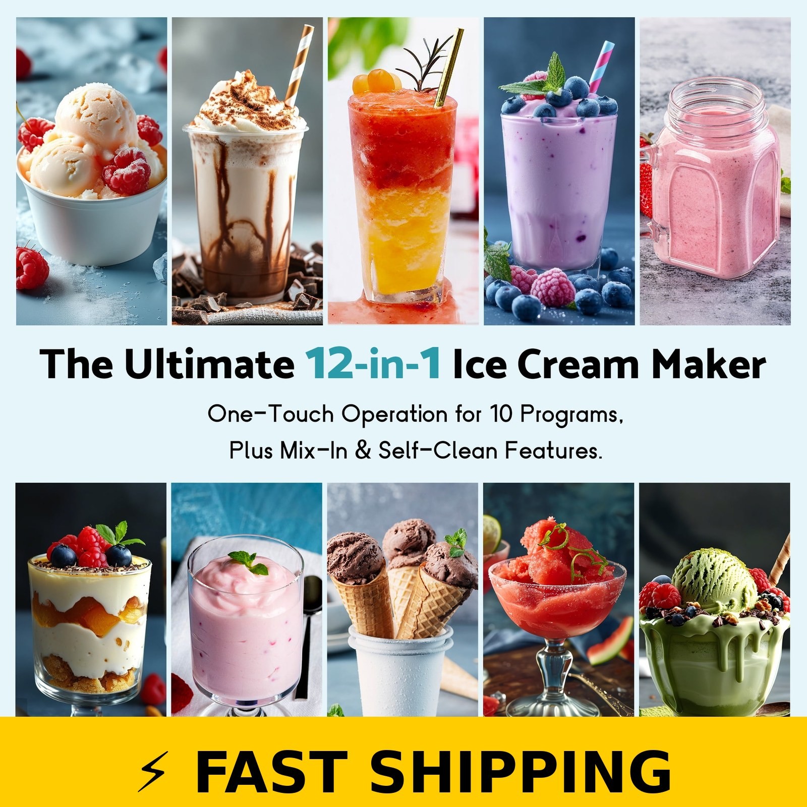 FLAMEMORE 12-in-1 Ice Cream Maker, Self Cleaning, Black