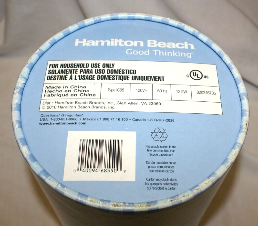 Hamilton Beach Half Pint Soft Serve Ice Cream Maker Type IC05 Model 68550E