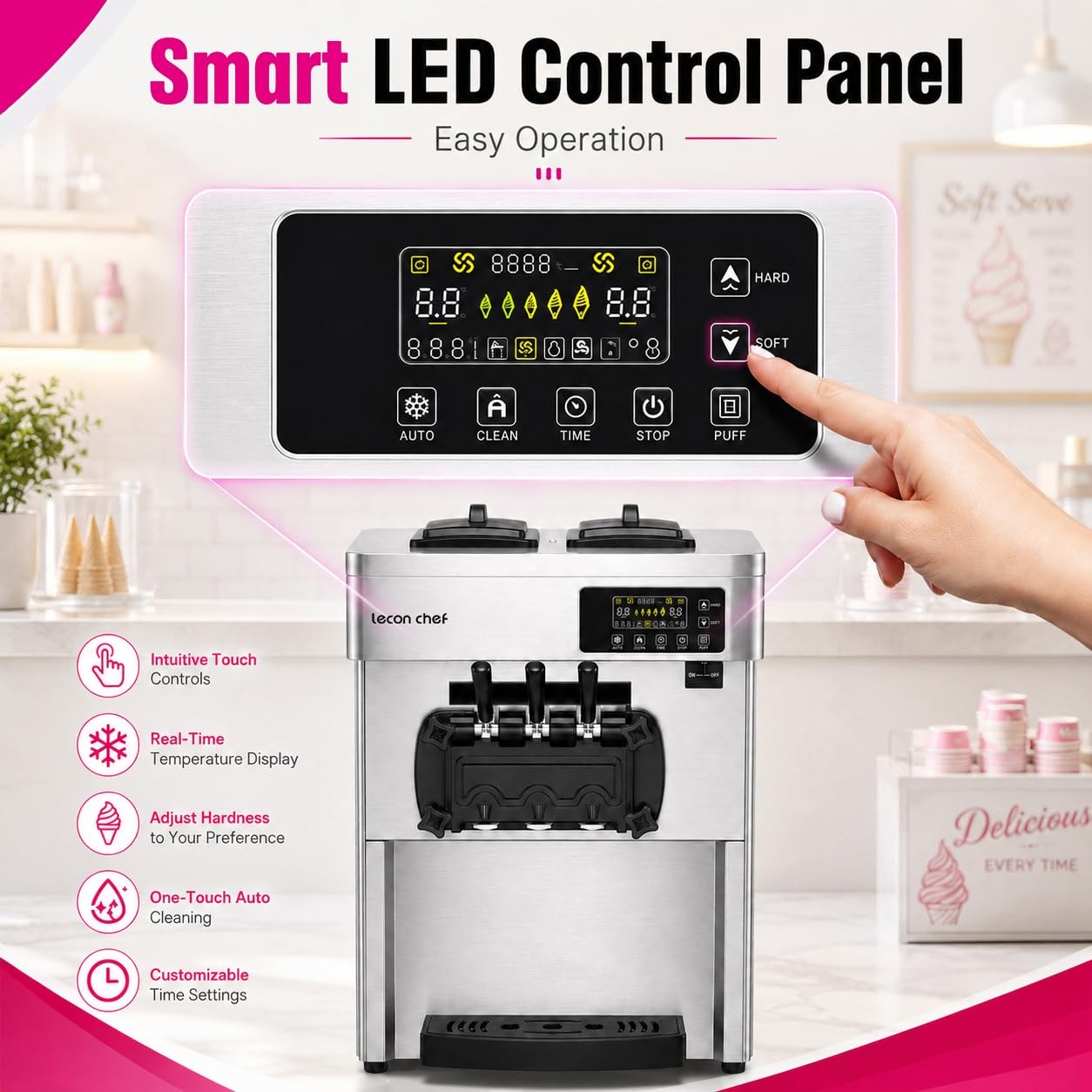 Lecon Chef Commercial Ice Cream Machine, 3-Flavor Soft Serve Maker