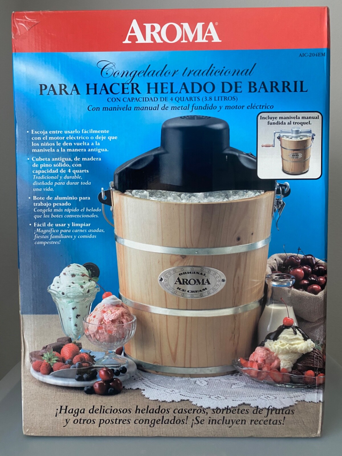 Aroma 4 Qt Original Electric/Manual Pine Wood Bucket Ice Cream Maker