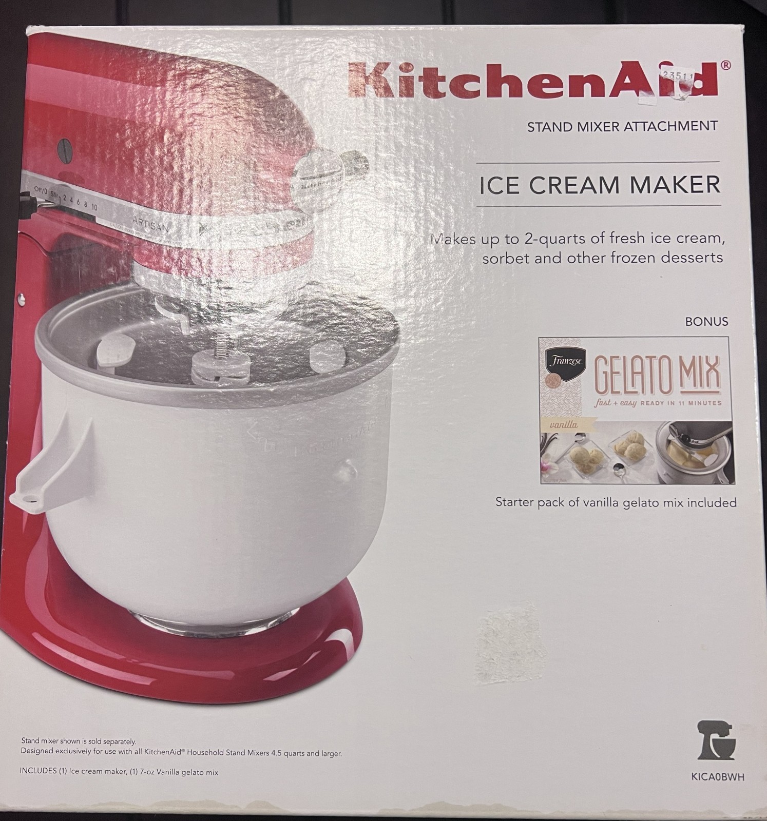 KitchenAid Ice Cream Maker Attachment KICA0WH Stand Mixer NEW Factory Sealed 2 Q