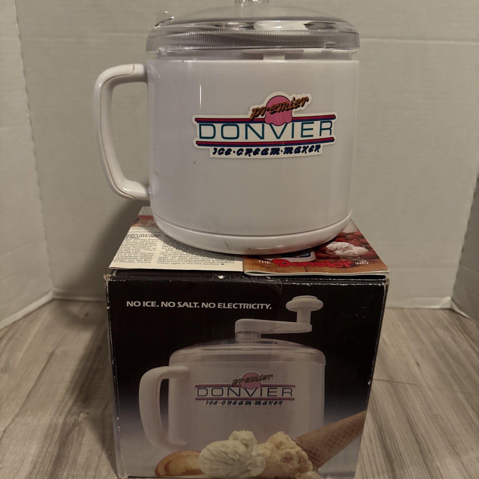 Vintage Donvier Premier White Homemade Ice Cream Maker Hand Crank USED ONCE