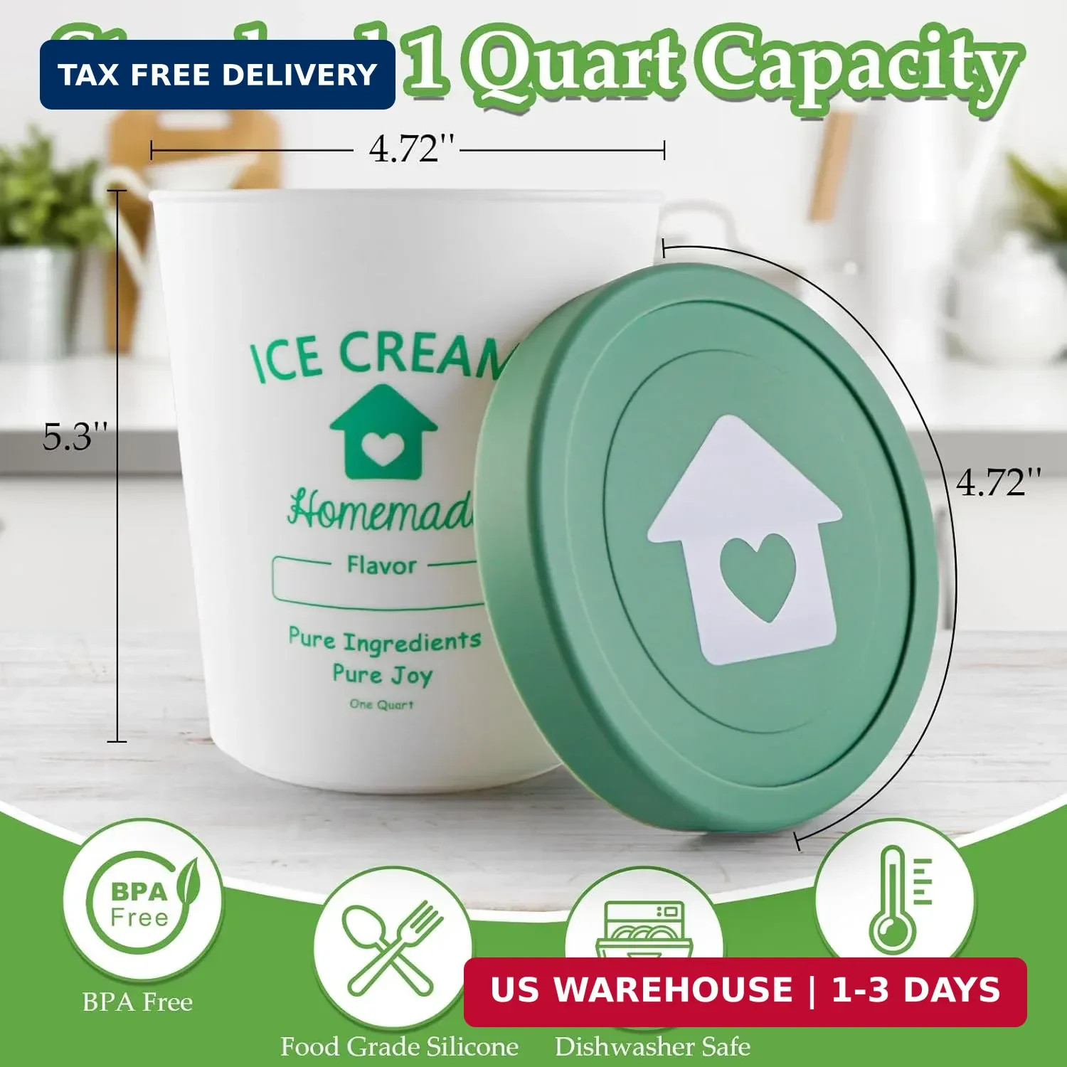 Ice Cream Containers with Silicone Lids for Homemade Ice Cream, 4 Pack 1 Quart E
