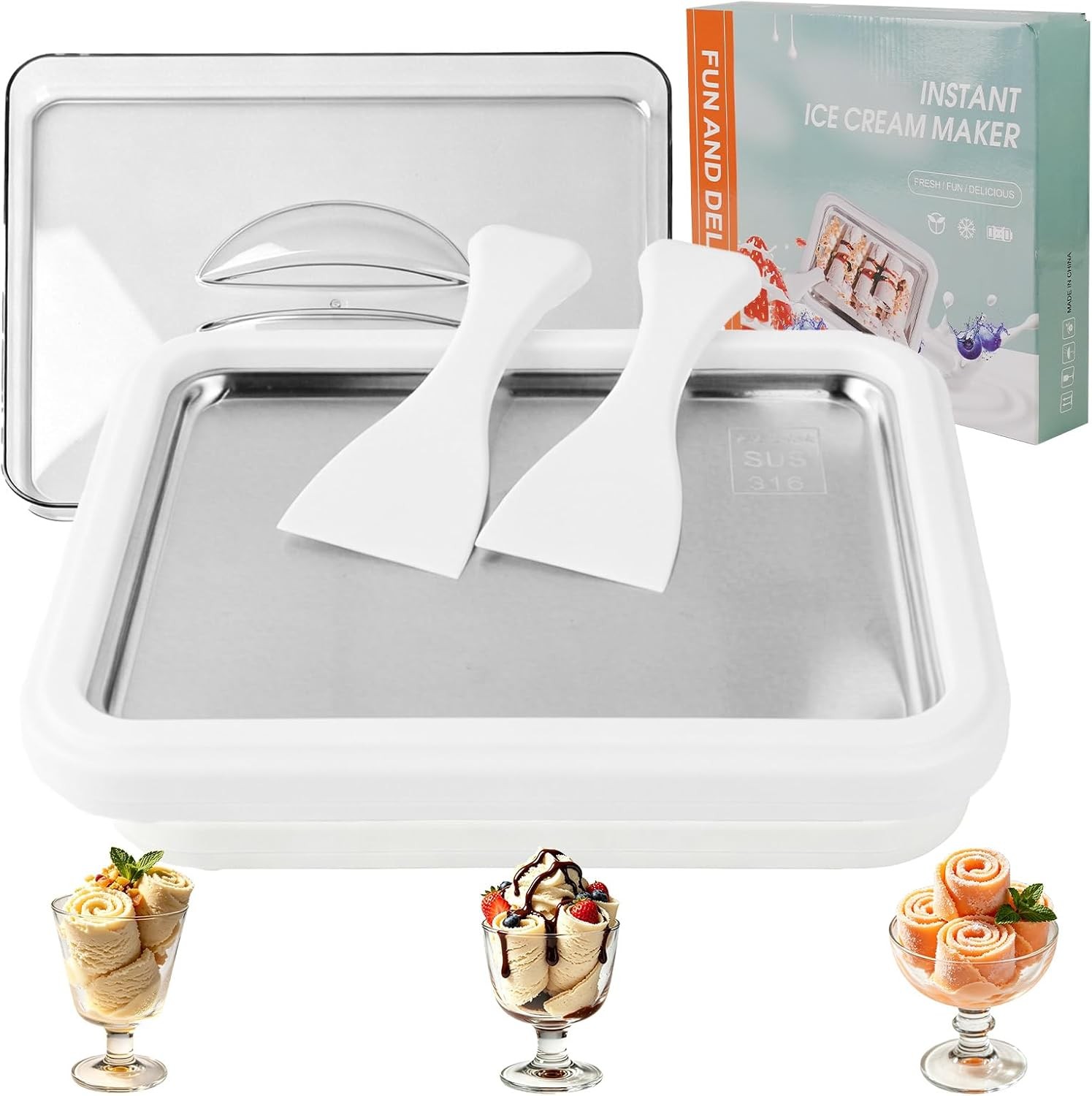 Rolled Ice Cream Maker, Instant SUS316 Stainless Steel with Lid & 2 Spatulas