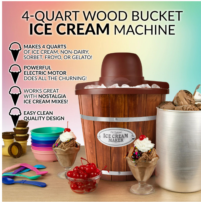 4-Quart Nostt Electric Ice Cream Frozen Yogurt Dessert Maker NEWalgia Wood Bucke