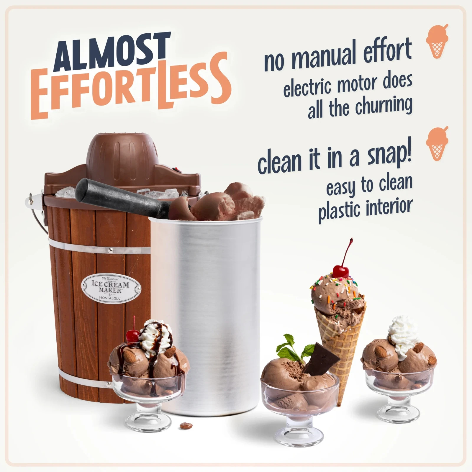 4-Quart Nostt Electric Ice Cream Frozen Yogurt Dessert Maker NEWalgia Wood Bucke