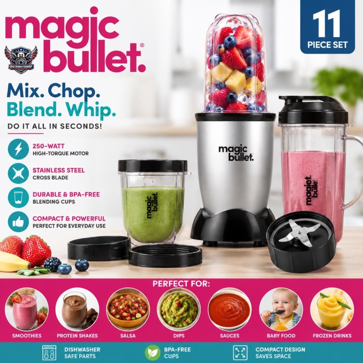Magic Bullet Blender 11 Piece Set Personal Blender Smoothie Mixer 250W Silver