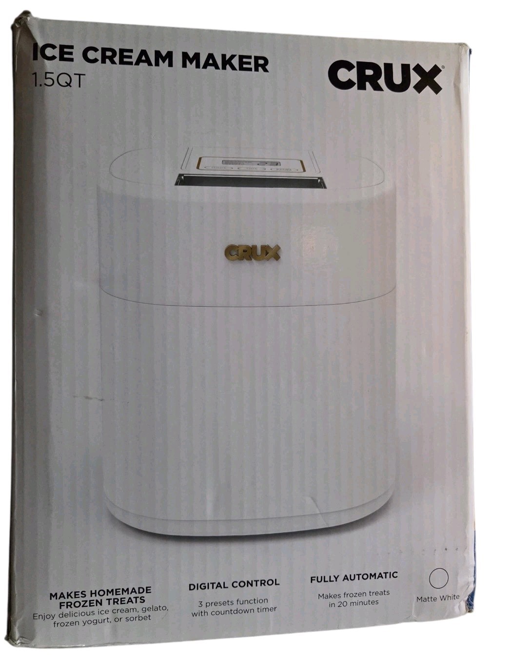 CRUX 1.5 Quart Ice Cream Maker, White & Gold. Model 42974A1 Open Box Never Used