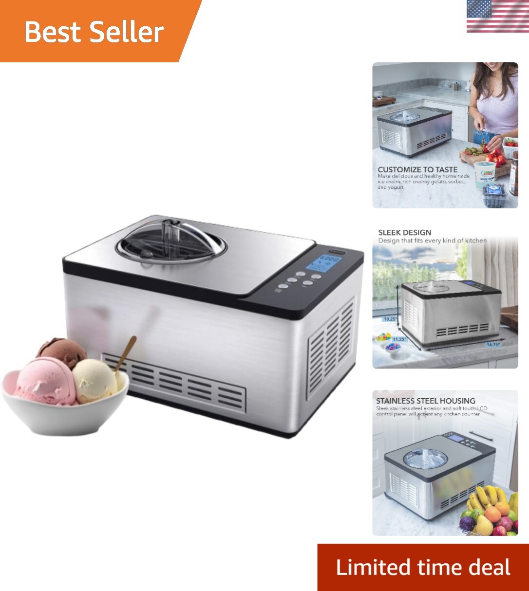 Luxury 2 Qt. Self-Freezing Ice Cream Maker & Yogurt Machine in Stainless Steel