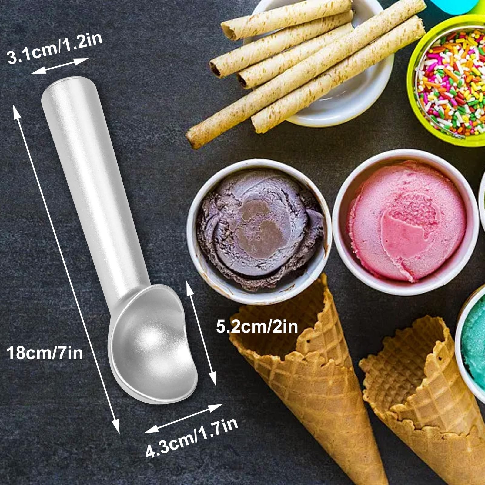 Ice Cream Scoop,7 inches Nonstick Anti-Freeze One Piece Aluminum 7*1, Silver