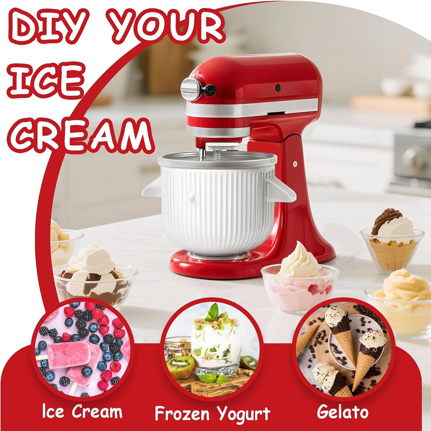 Ice Cream Maker Attachment for KitchenAid Ice Cream Maker Bowl for 4.5/5/6 Quart
