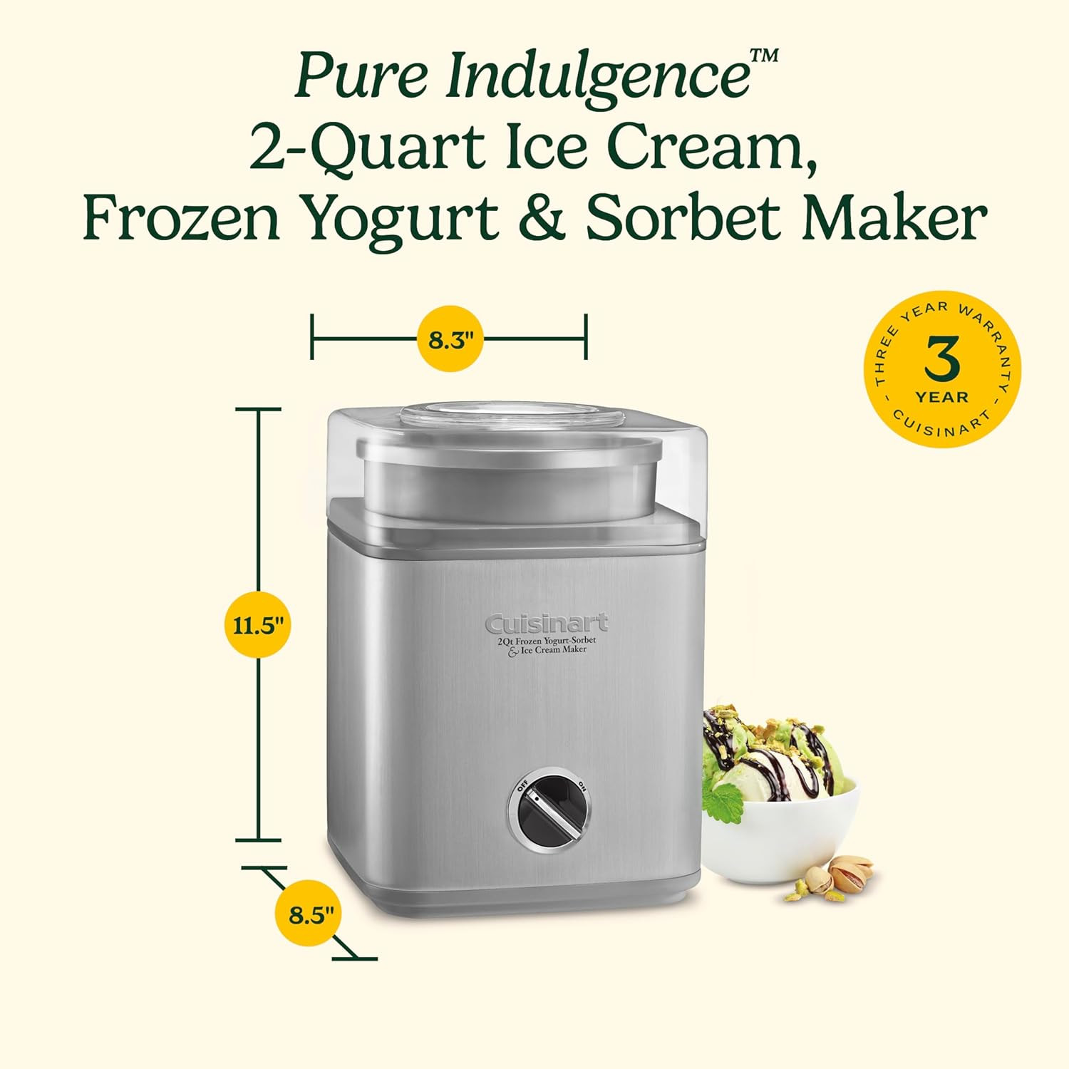 Ice Cream Maker Machine, 2-Quart Ice Cream, Sorbet and Frozen Yogurt Machine, Fu