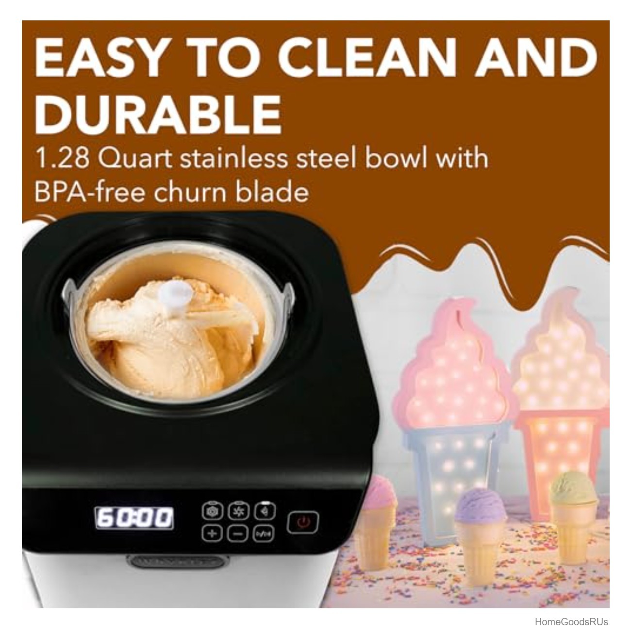 Automatic Ice Cream Maker 1.28 Quart Built-in Compressor LCD Display Timer No