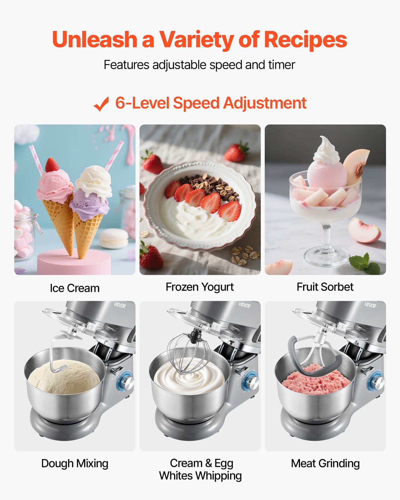 VEVOR 1.8 Qt Ice Cream Maker 6-Speed Stand Mixer with Stainless Steel Bowl Grey