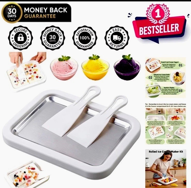 Rolled Ice Cream Maker Kit Stainless Steel Pan DIY Frozen Dessert Tray