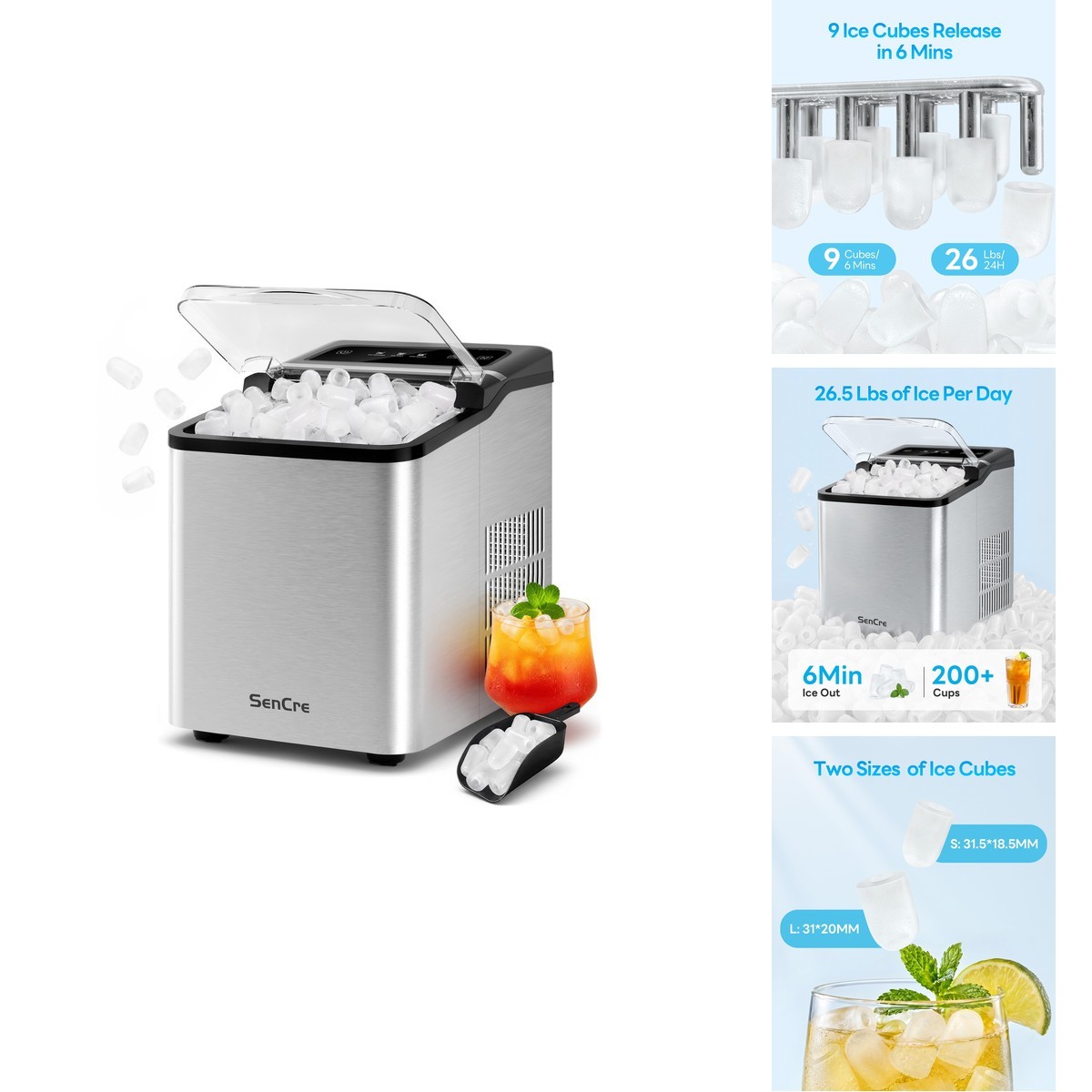 Sencre Ice Maker Countertop 26.5Lbs/24H 2 Sizes Bullet Ice Self-Cleaning