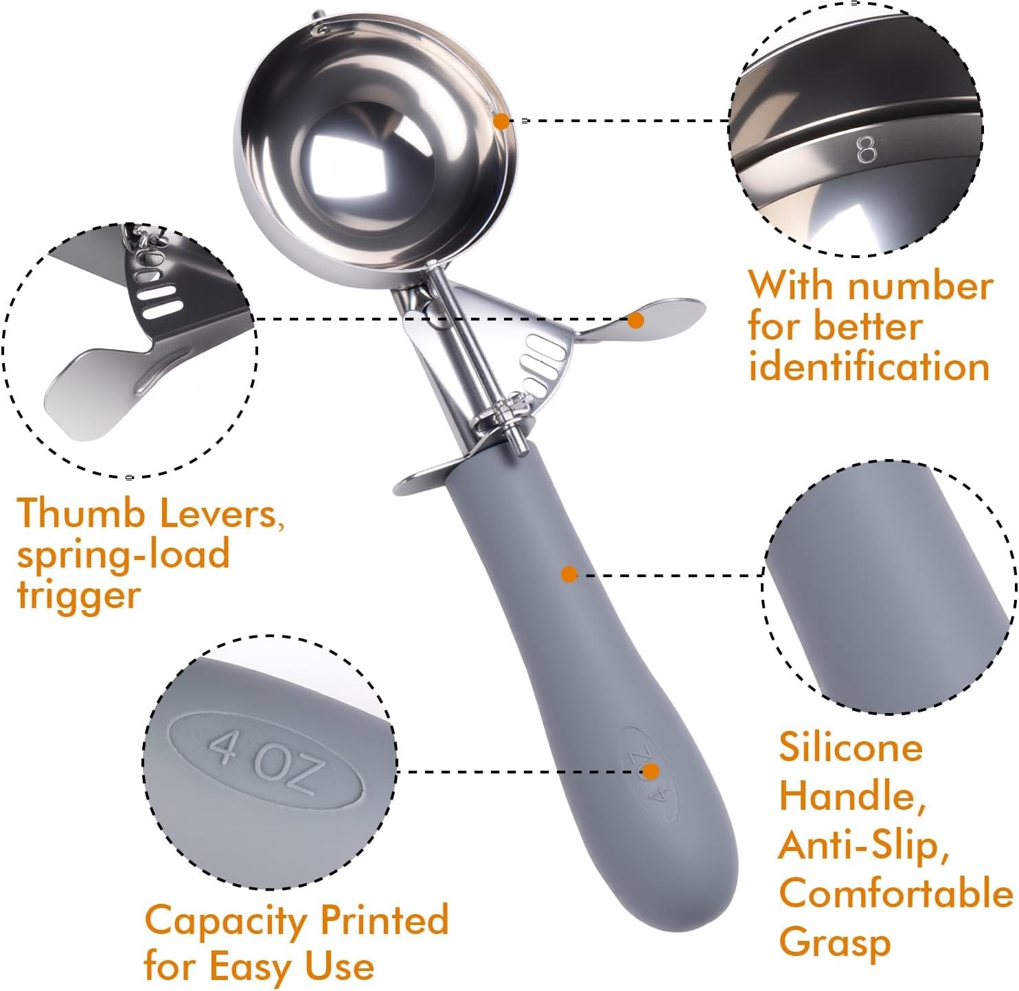 4 OZ Scoop, #8 Disher, Large Ice Cream Scoop with Trigger, (4 oz), Gray