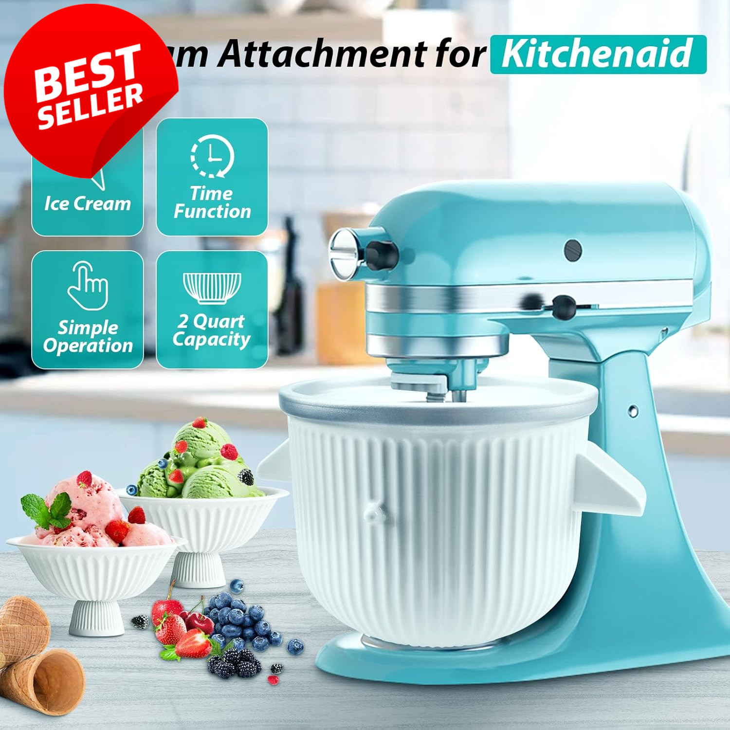Ice Cream Maker Attachment 2Qt White for Kitchenaid 4.5Qt+Mixer Sorbet Gelato US