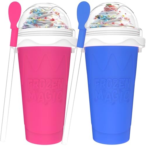 2PCS Slushie Maker Cup,DIY Magic Quick Frozen Smoothies Cups for Blue+Pink