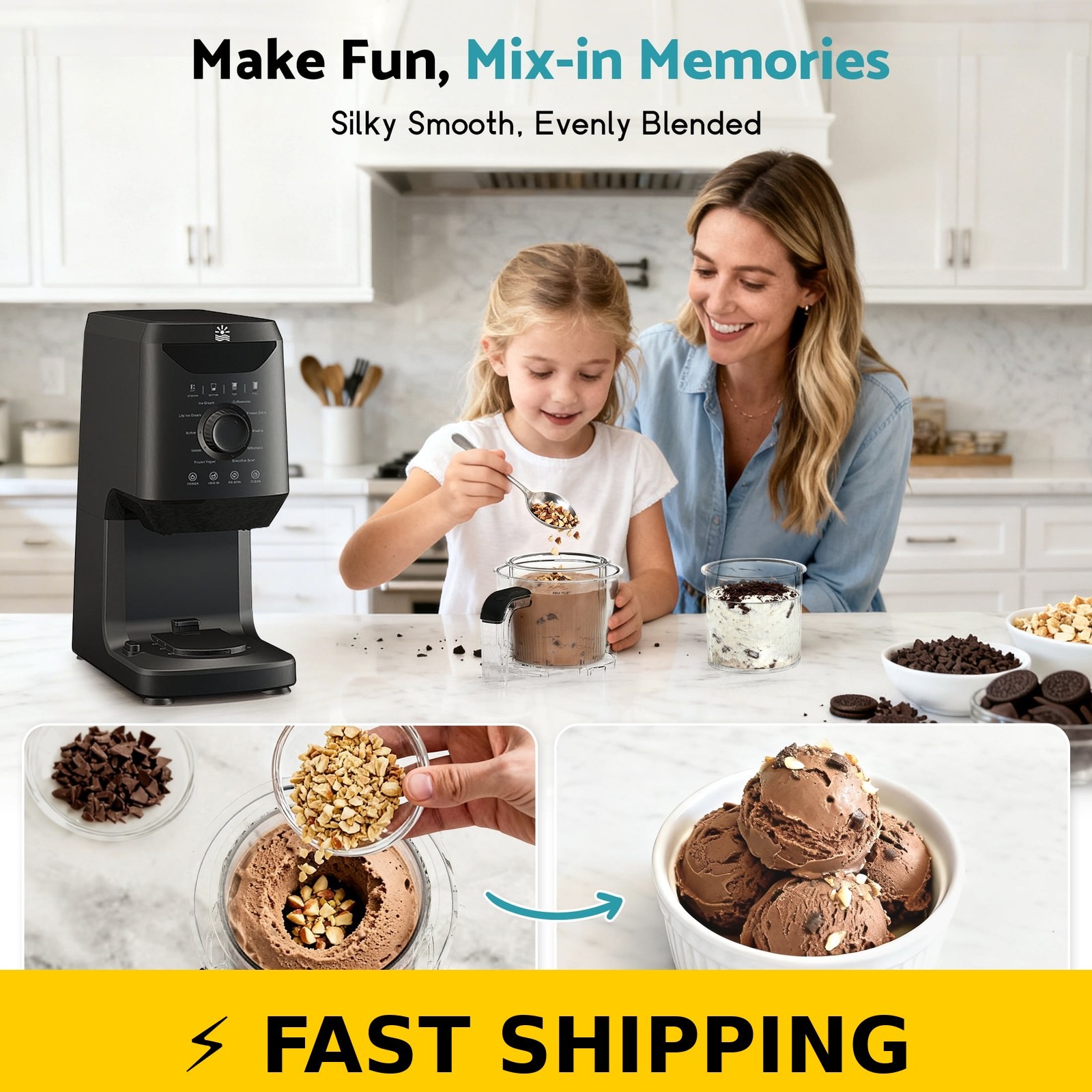 FLAMEMORE 12-in-1 Ice Cream Maker, Self Cleaning, Black