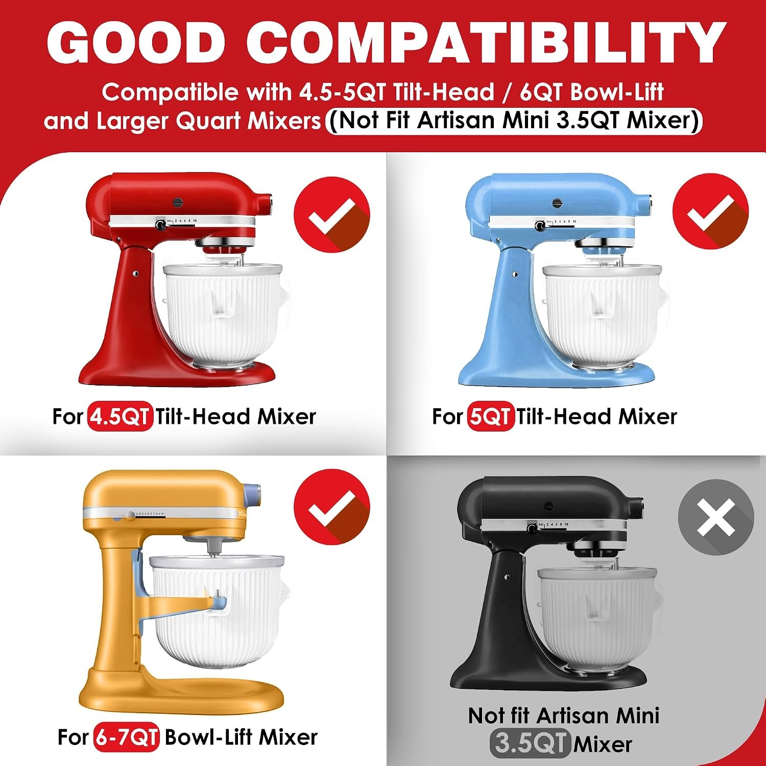 Ice Cream Maker Attachment for KitchenAid Ice Cream Maker Bowl for 4.5/5/6 Quart