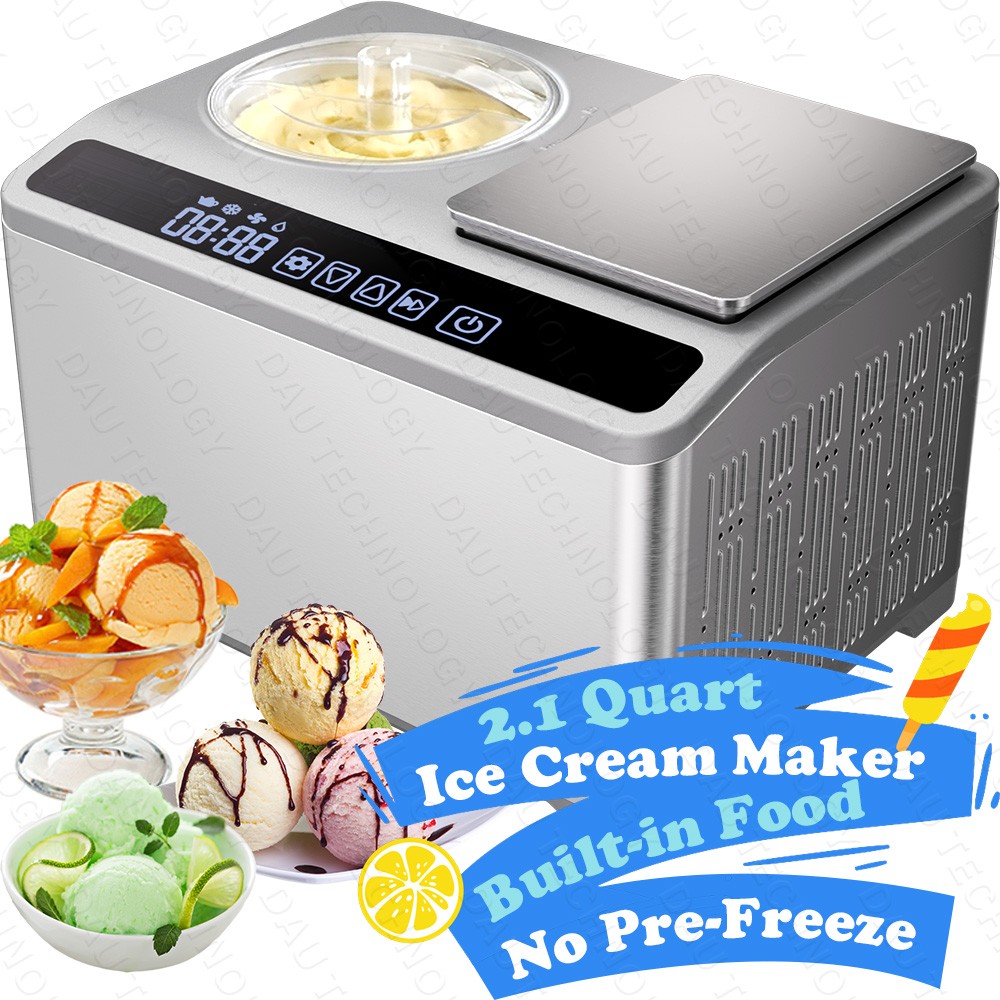 2Qt Automatic Ice Cream Maker, No Pre-Freezing, LCD Display, for Yogurt & Gelato