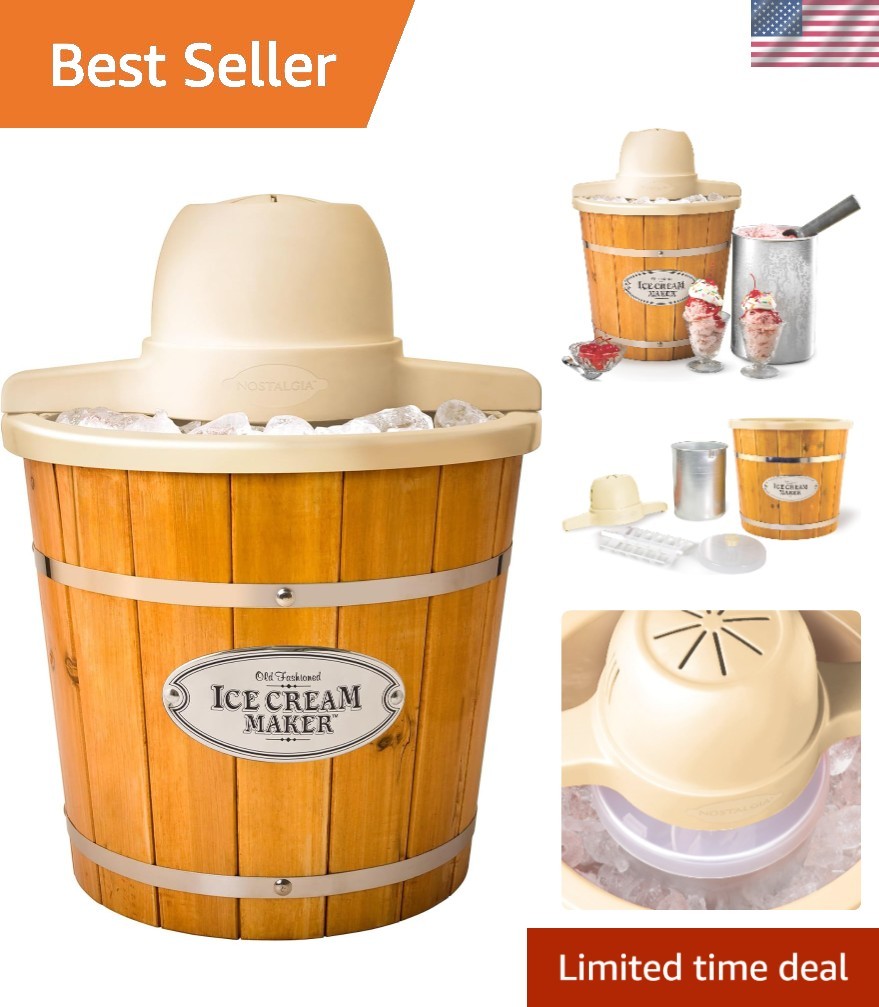 Old-Fashioned Electric Ice Cream Machine with 4 Qt Capacity – Light Wood Design